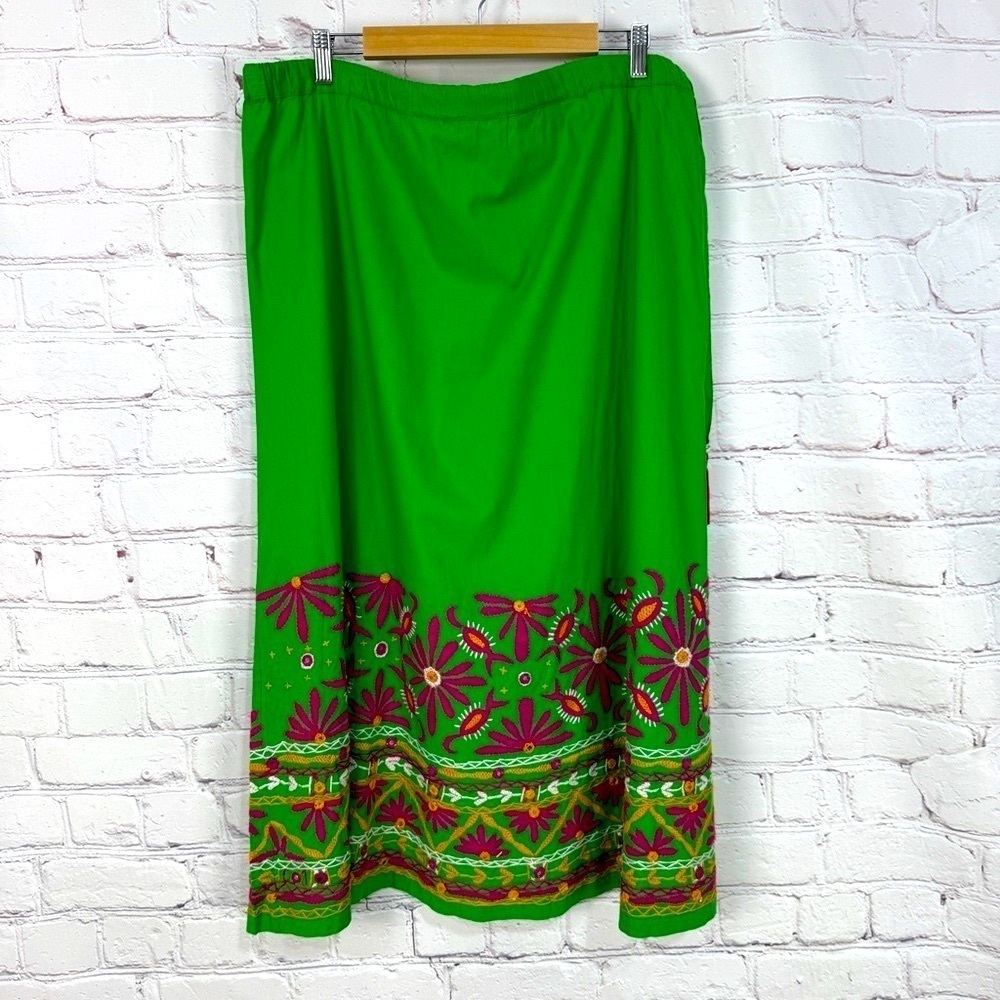 Soft Surroundings Green Midi Skirt Casual Resort Wear poplin size XL tropical